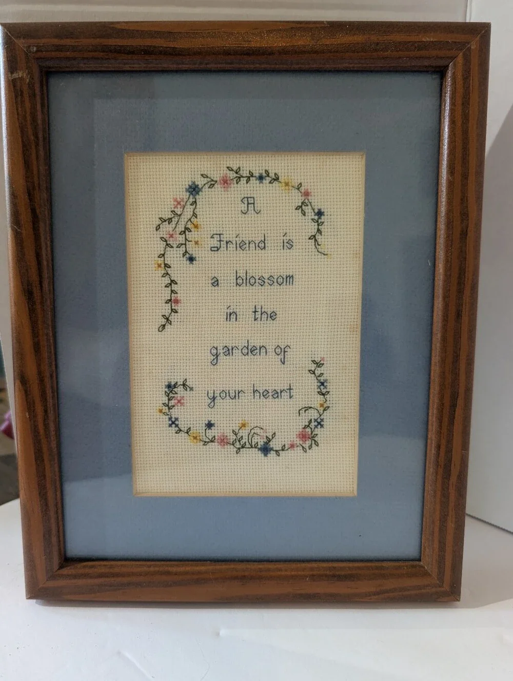 VTG Cottagecore Framed Blue & Wood Floral Cross-Stitch Wall Accent 8 X 10